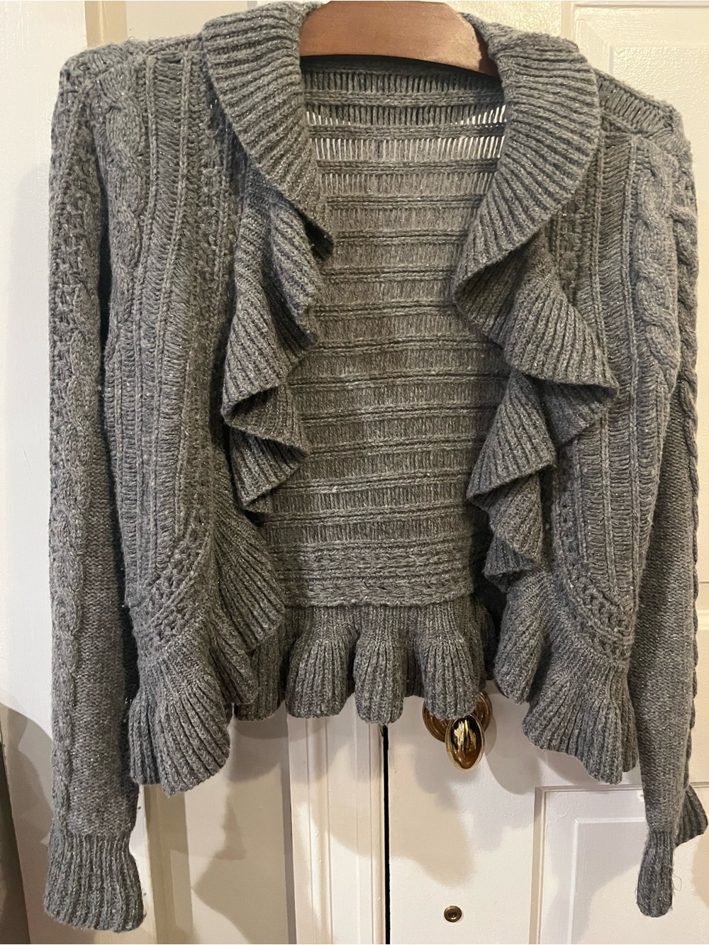 Anne Klein Gray With Silver Threads Ruffle Cable-Knit Cardigan Sweater
